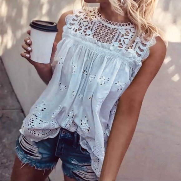 White Eyelet Boho Babydoll Top Blouse Sleeveless Crochet Lace Shirred Tank New! - Picture 3 of 7